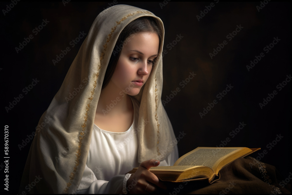 Portrait of a medieval lady with a veil covering her hair and a modest gown, holding a book and gazing down with a serene expression, generative ai Portrait of a medieval lady with a veil covering her hair and a modest gown, holding a book and gazing down with a serene expression, generative ai