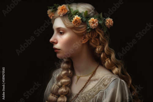 Portrait of a medieval woman with intricate braided hair and a crown of flowers, looking over her shoulder with a hint of mystery, generative ai