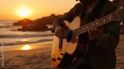 Relaxed man playing guitar on the beach with a beautiful sunset in the background. Generative AI.