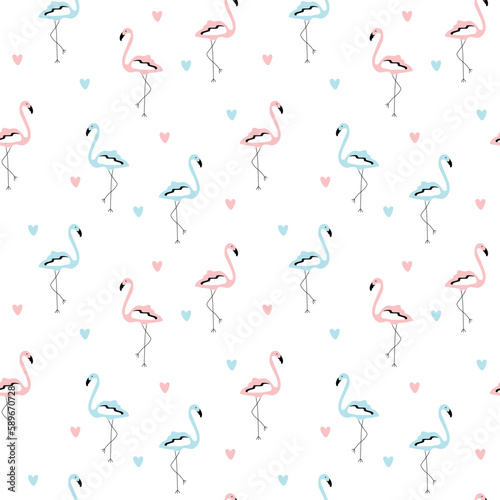 Blue and pink flamingo with hearts seamless pattern. Cute cartoon exotic birds repeat on white background. Doodle design vector illustartion. 