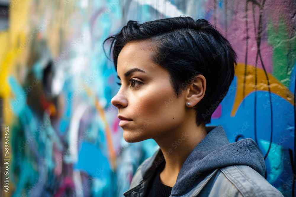 Portrait of a pensive woman with short black hair, wearing a denim jacket and standing in front of a colorful urban graffiti wall, generative ai Portrait of a pensive woman with short black hair, wearing a denim jacket and standing in front of a colorful urban graffiti wall, generative ai