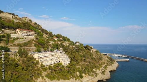Aerial Tour of Ligurian Mountains and Coastal Town in Italy