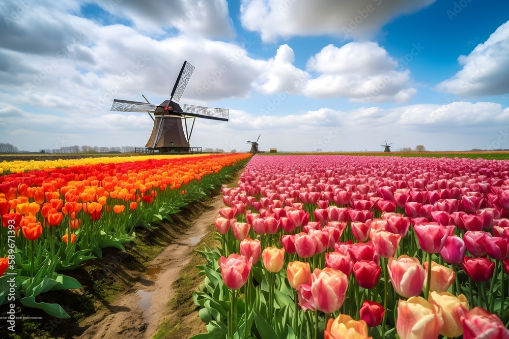 Tulips row and windmills in the Netherlands