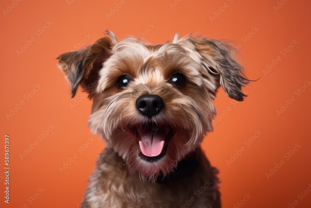 A joyful Yorkshire terrier dog smiles cheerfully isolated on a flat orange background. Close-up of the face of a cheerful dog with a copy place. Creative banner of happiness for pets. Generative AI