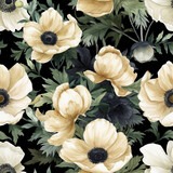 Floral seamless pattern of white anemone flowers. AI generated watercolor illustration digital art. Fabric print, decoration, wall art, printable. AI generated Image on the black background.