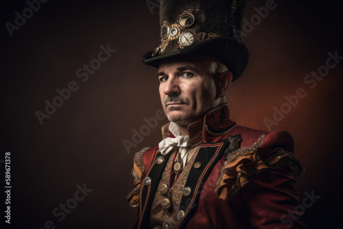 Portrait of a Steampunk Circus ringmaster with a commanding presence and an ornate coat, generative ai photo