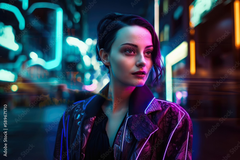 Portrait of a woman in a futuristic diva style, set in a futuristic cityscape with neon lights and high-tech accessories'', generative ai