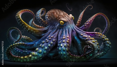 A colorful octopus sculpture sitting on top of a black tablecloth covered table top next to a black wall with a black background behind it. Generative ai