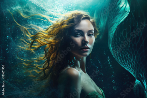Portrait of a woman in a mermaid-like underwater scene with flowing hair and a shimmering tail, generative ai