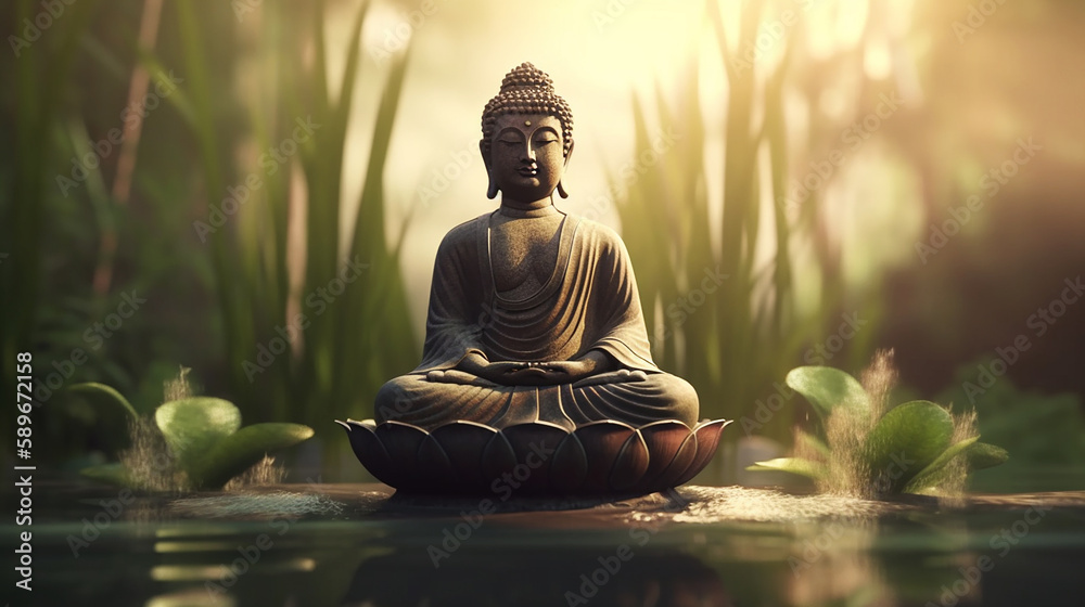 buddha statue in green zen environment - obrazy, fototapety, plakaty 