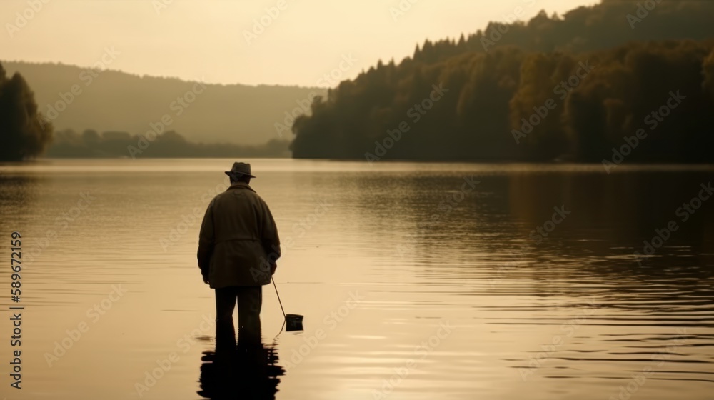 Relaxed man fishing in a peaceful lake with a beautiful natural background. Generative AI.