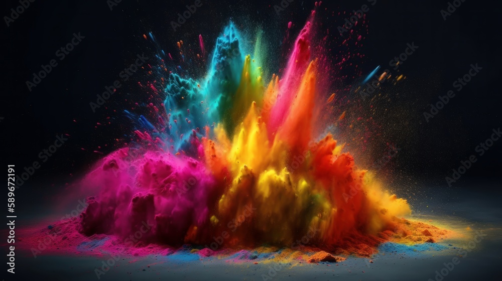 A powdered, abstract, background. An eruption of colorful powder against a white background. The cloud took on a variety of hues. In the aftermath, dust of all colors scatters. Generative ai