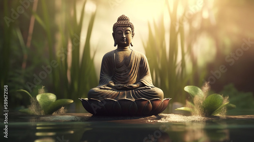 Photographie buddha statue in green zen environment