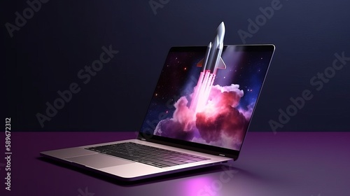 Laptop and rocket illustration, purple background. Generative AI photo