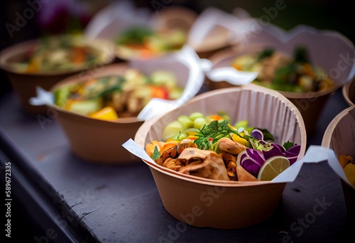 Street food festival, catering service. Vegetable salads in kraft paper plates sold outdoors at local market place, shallow depth of field. Generative AI