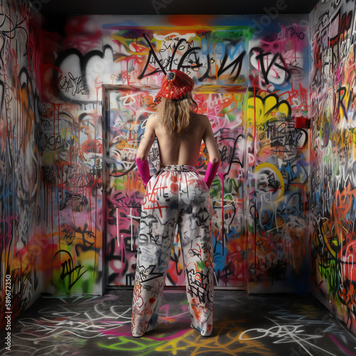 Artist woman wearing only graffiti painted pants standing in front of graffiti artwork, Haute couture maximalist style, Generative AI