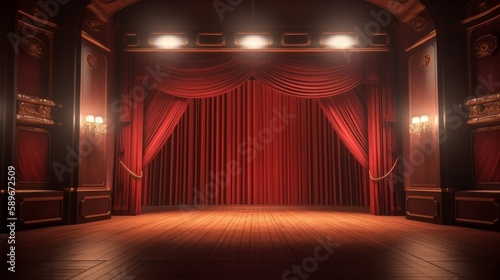 Velvet curtains and wooden stage floor, Ai generative