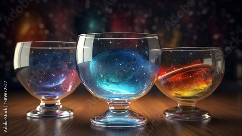 Transparent glass with a cosmic cocktail - planets  stars and nebulae. Generative ai
