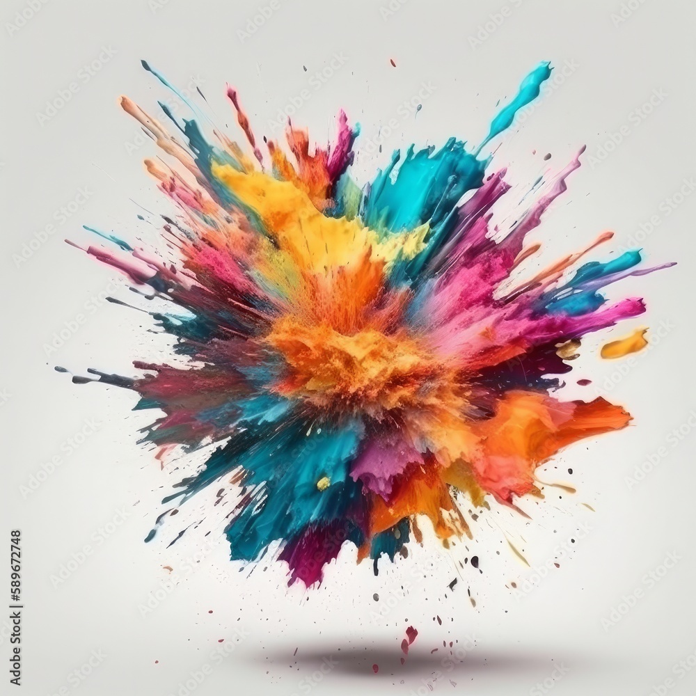 A multicolored explosion of colored powder on a white background with space for text or a logo to be used as a background for a product. Generative ai