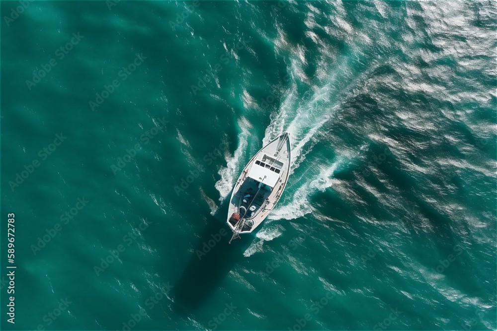 Speed boat at sea, view from above. AI generated content