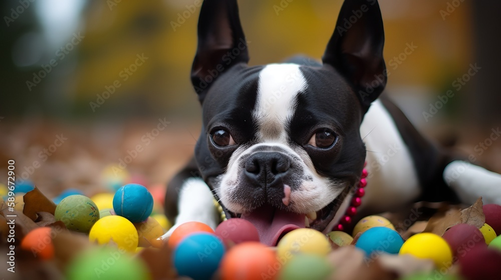 Happy Boston Terrier with Toys