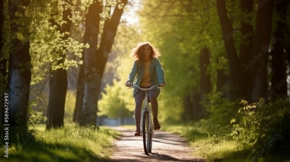 Joyful girl riding a bike in the park on a sunny day with a big smile on her face. Generative AI.