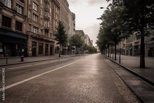 Empty street in a city centre without people. AI generated content