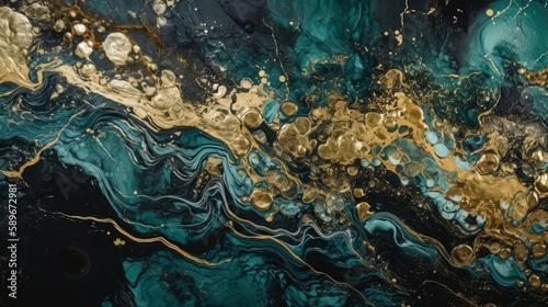 Green and gold marble background, liquid art textured marble Generative AI