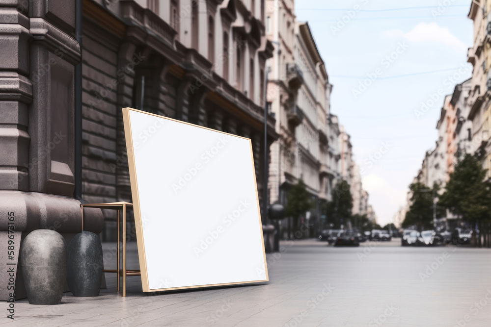 Signboard mockup and template empty frame on exterior street advertising city shop background. AI generated Signboard mockup and template empty frame on exterior street advertising city shop background. AI generated