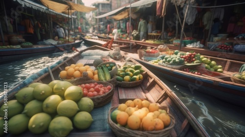 Lots of fresh fruits and vegetables on boats on eastern floating market. Generative ai
