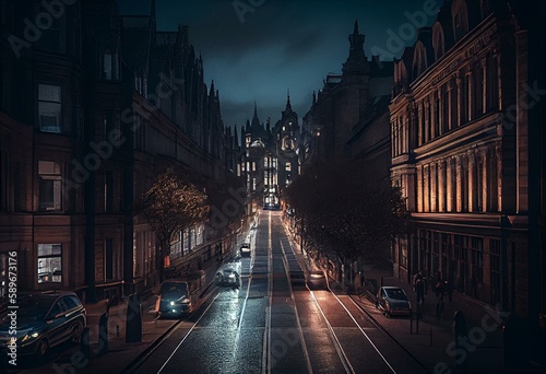 AI generated image of Victoria Street in Edinburgh at night. Generative AI photo