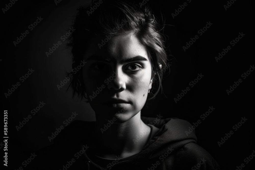 Portrait of a woman with a bold and confident expression, featuring a strong contrast of light and shadow and a dramatic black and white aesthetic, generative ai