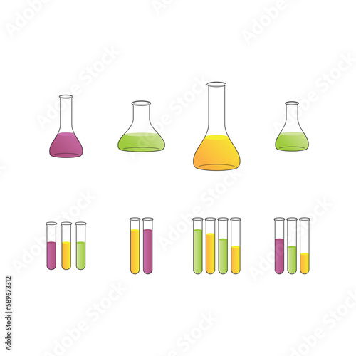 Set of 8 purple, green, yellow flasks and test tubes simple icons illustration. Lab equipment vector illustration.
