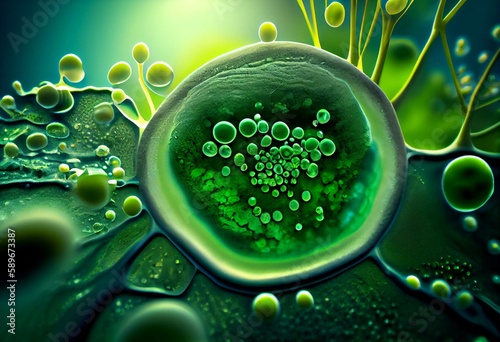 Unicellular green algae chlorella spirulina with large cells single-cells with lipid droplets. Watercolor illustration of macro zoom microorganism bacteria for cosmetics biological. Generative AI photo