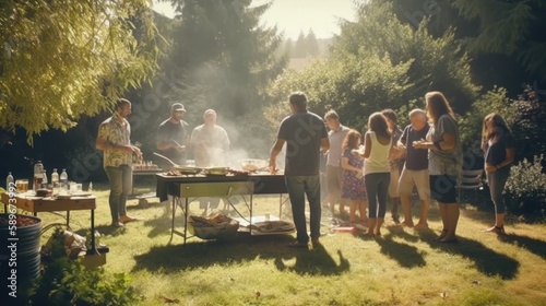 Happy family having a barbecue in the backyard on a sunny day. Generative AI.