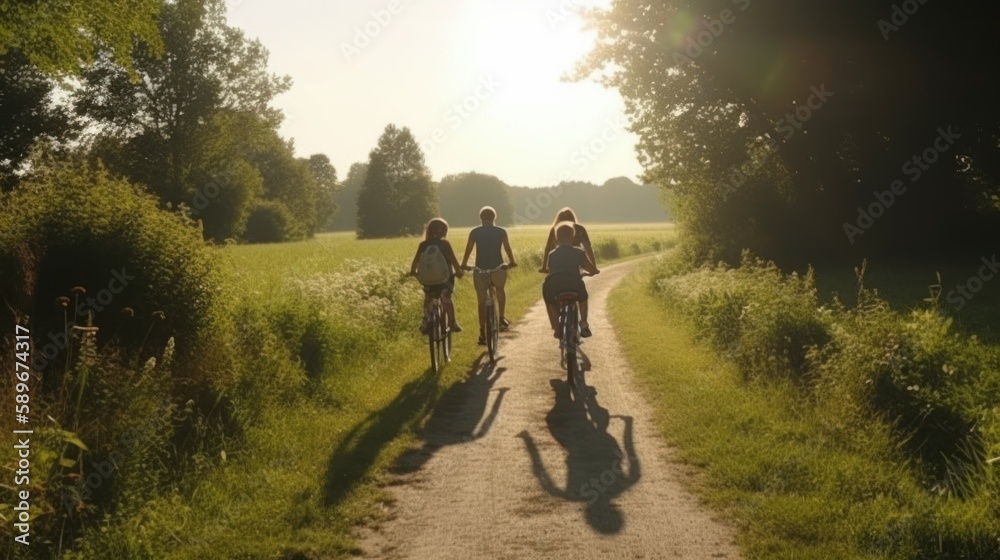 Fototapeta premium Happy family cycling on a scenic path through the countryside. Generative AI.