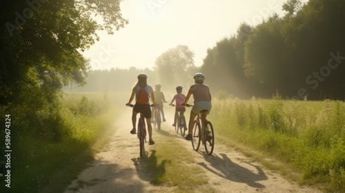 Happy family cycling on a scenic path through the countryside. Generative AI. © bomoge.pl