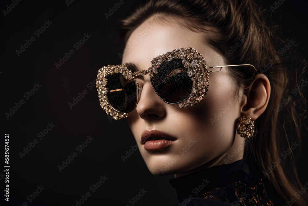Fototapeta premium Portrait of a woman with crystal-embellished sunglasses, adding a touch of glamour and mystery to her look, generative ai