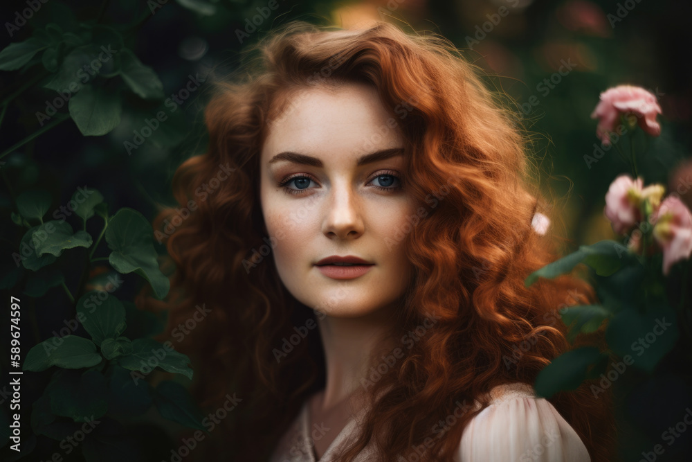 Portrait of a woman with rosy cheeks and wavy hair in a Romantic garden, generative ai Portrait of a woman with rosy cheeks and wavy hair in a Romantic garden, generative ai