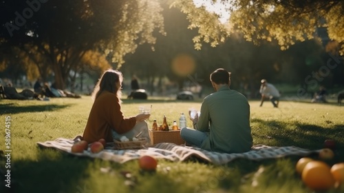 Cheerful couple having a picnic in a beautiful park on a sunny day. Generative AI.