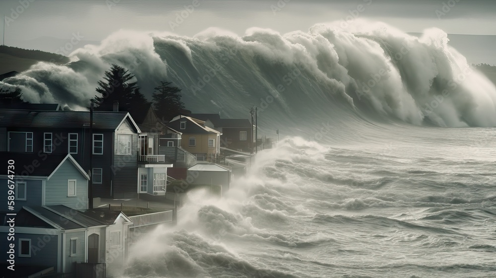 the devastating impact of a tsunami wave, crushing houses and leaving