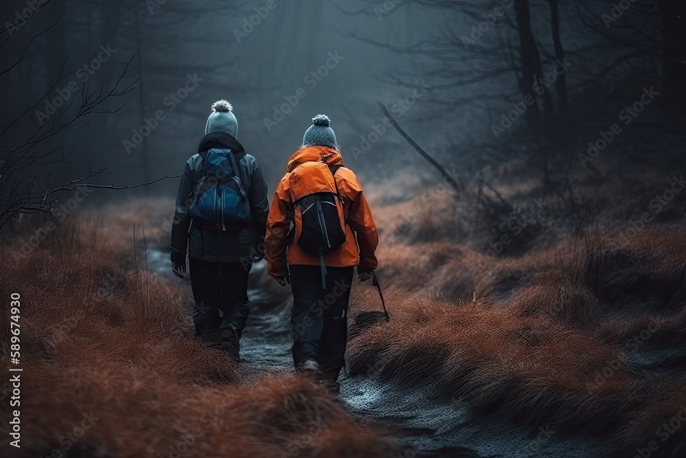 Naklejka premium Adventure Seekers: Hiking and Enjoying Outdoor Sports and Activities in Scenic Landscapes. Generative AI