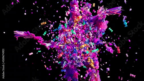 Pinata flies a little and then explodes and candy with glitter fly out of it. 3d animation with alpha matte.