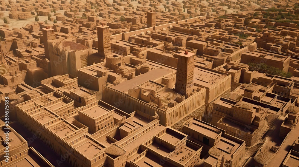 the grandeur of ancient Babylon, with intricate details of its monumental buildings and an awe-inspiring aerial view, evoking a sense of wonder and fascination, generative ai