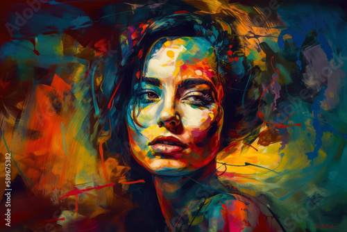 Powerful portrait of a woman with bold colors and dynamic lines in Post-Impressionism style, generative ai