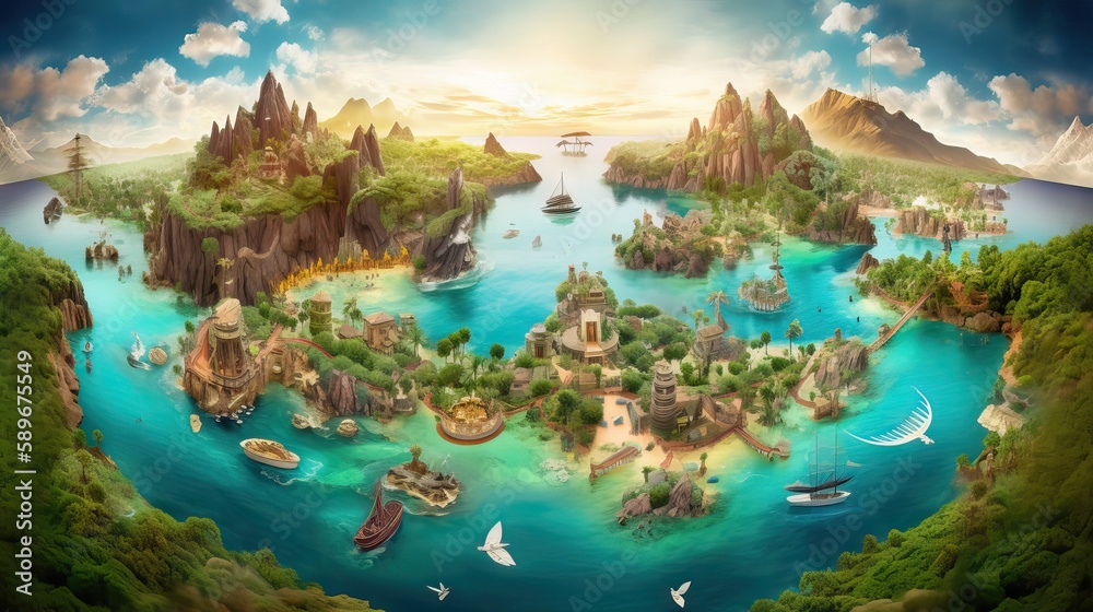 Fototapeta premium a breathtakingly beautiful island paradise with abundant lush greenery, perfect weather, and crystal-clear waters, offering a tranquil escape from the hustle and bustle of everyday life, generative ai