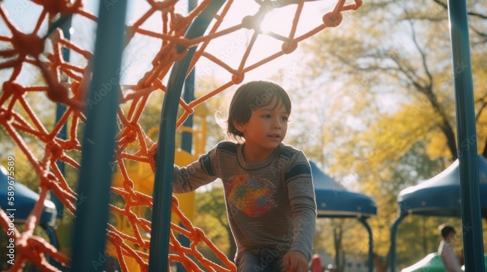 Happy boy playing in the park on a sunny day with a big smile on his face. Generative AI. Happy boy playing in the park on a sunny day with a big smile on his face. Generative AI.