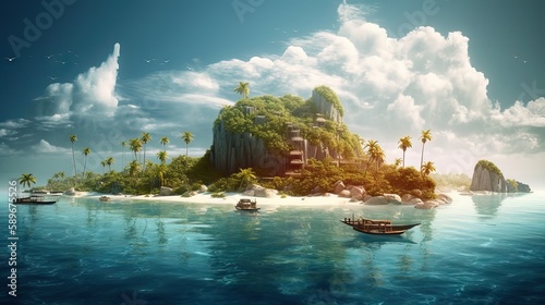 a breathtakingly beautiful island paradise with abundant lush greenery, perfect weather, and crystal-clear waters, offering a tranquil escape from the hustle and bustle of everyday life, generative ai