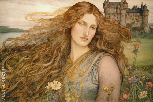 Pre Raphaelite portrait of a woman with long flowing hair adorned with flowers, standing in a field of wildflowers with a distant castle in the background'', generative ai photo