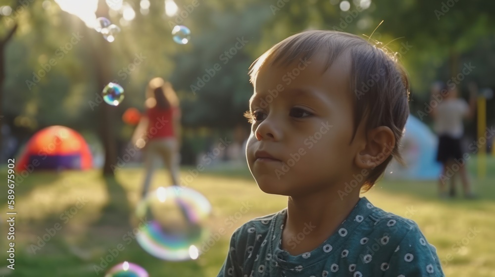 Cheerful boy blowing bubbles in the park with a big smile on his face. Generative AI. Cheerful boy blowing bubbles in the park with a big smile on his face. Generative AI.